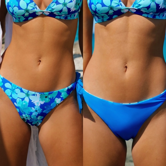 Cupshe Graphic Cherry Blossoms Reversible Hipster Bikini Bottoms Blue Medium - Picture 3 of 3